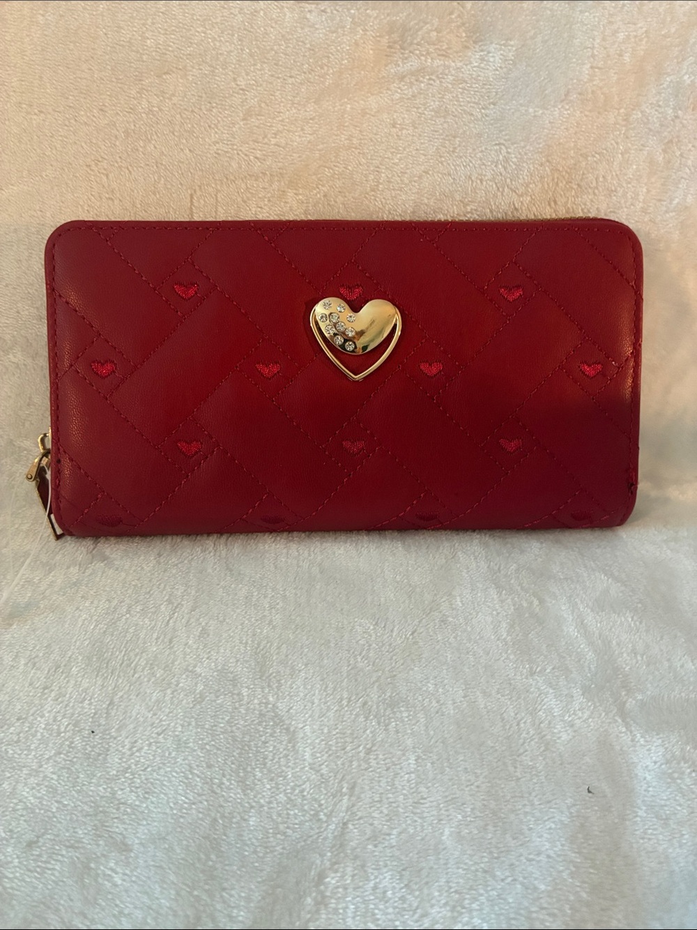 Othr Red Quilted Heart Zip-Around Wallet with Gold Heart Detail